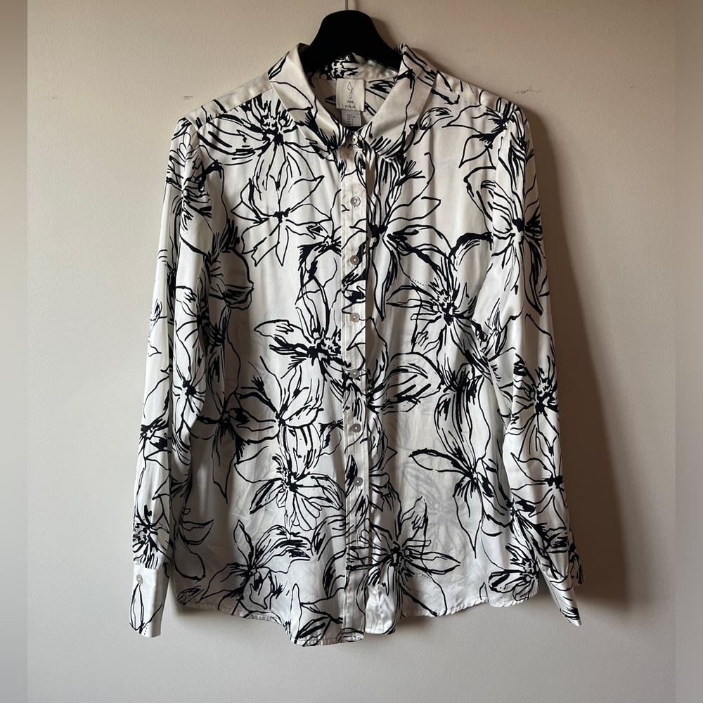 Joie 100% Silk Floral Button Down Blouse | Black & White Designer Silk Shirt